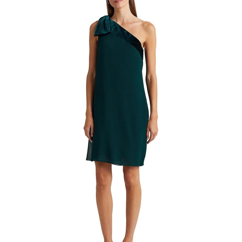 Lauren Ralph Lauren One Shoulder Bow Sleeveless Velvet Shift Dress